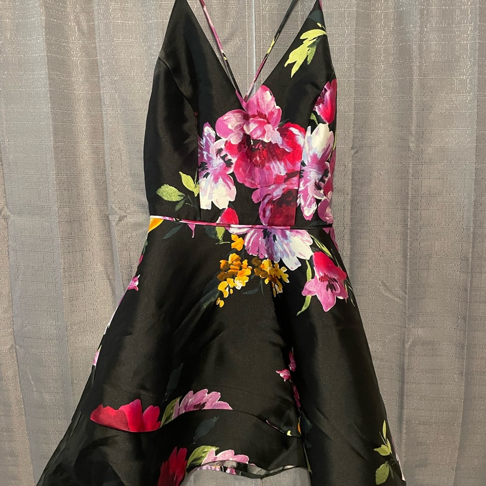 BCX Black Dress with Pink and Yellow Floral Accents